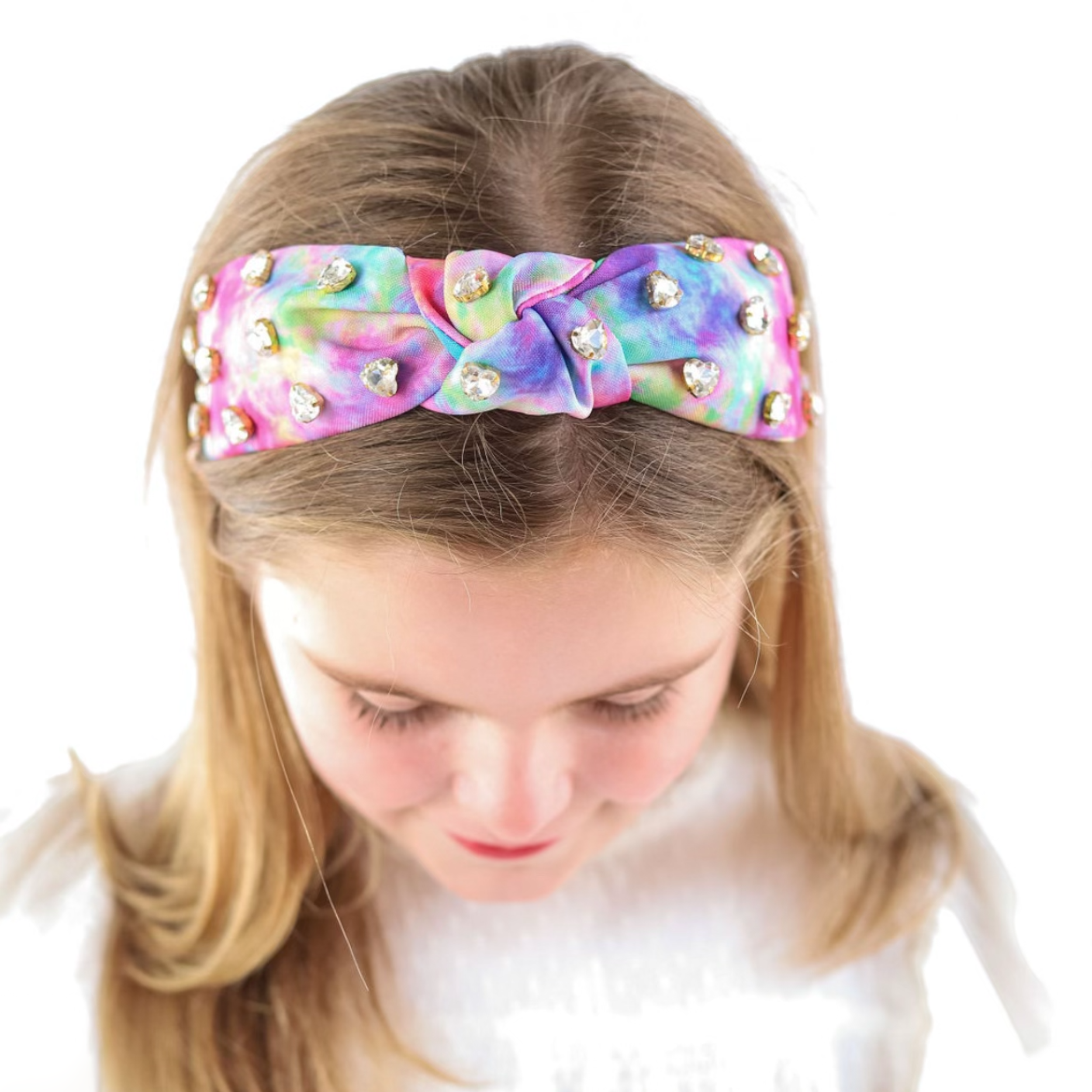 Kid and Tween Tie Dye Knotted Headband with Heart Crystals