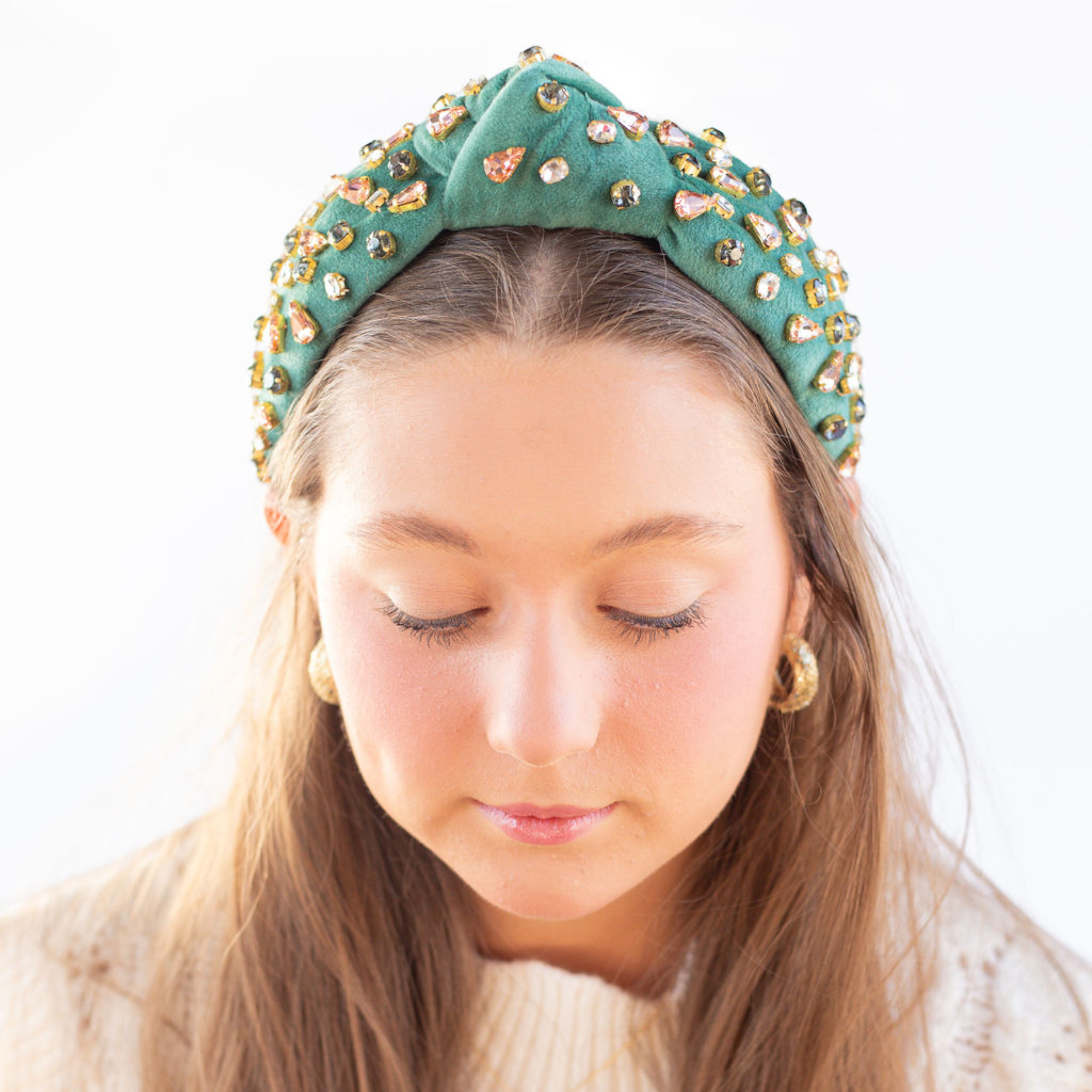 Adult Green Velvet Jeweled Knotted Headband