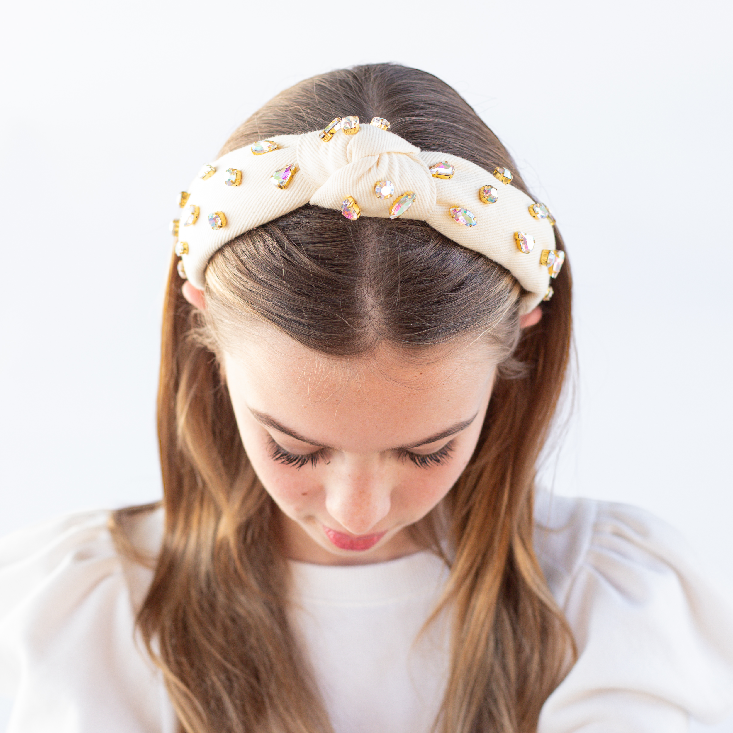 Kid and Tween Ivory Denim Jeweled Knotted Headband