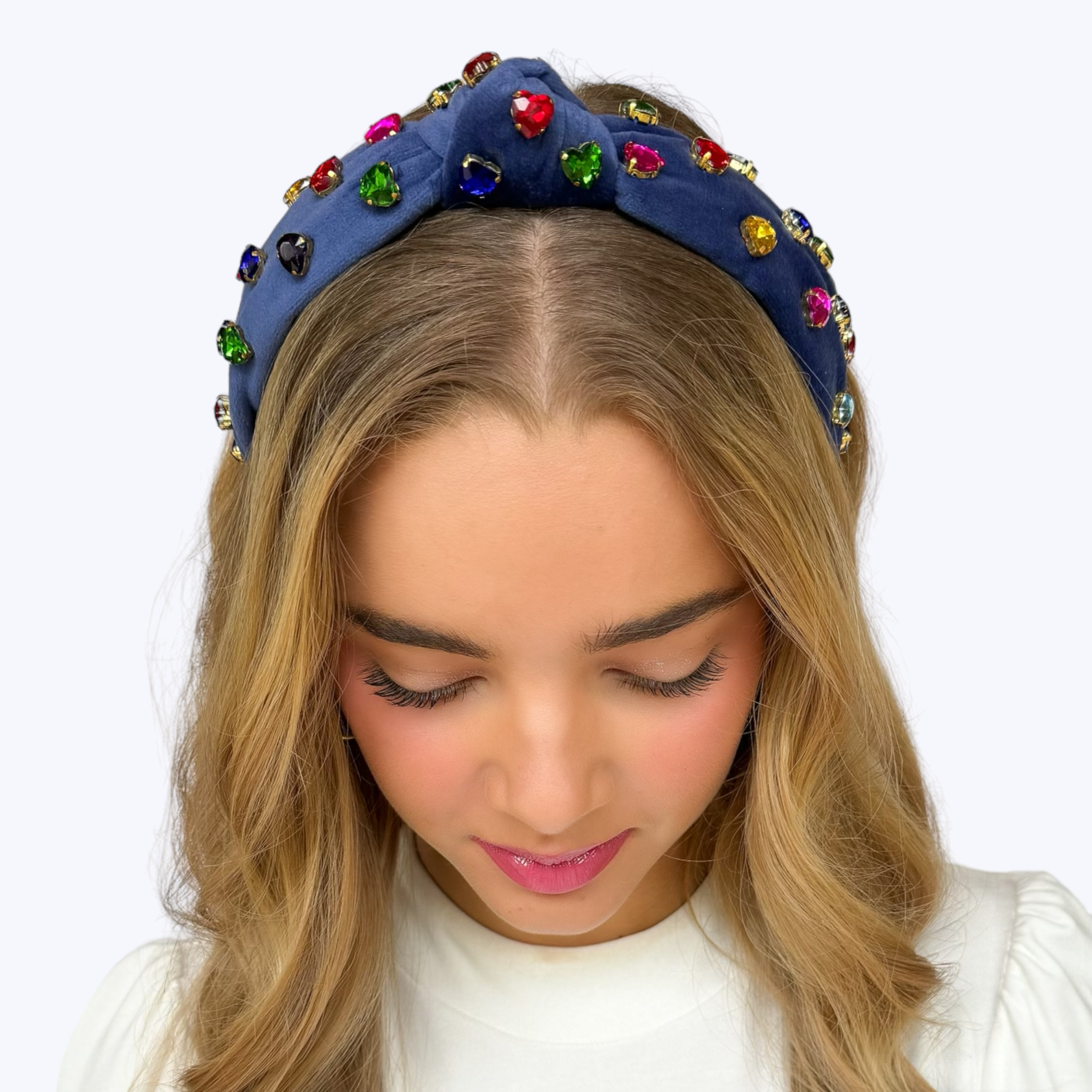 Kid and Tween Blue Velvet Knotted Headband with Heart Crystals